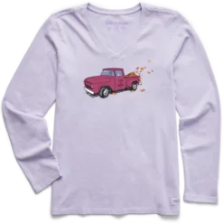 Women's Fall Leaves Truck Long Sleeve Crusher Vee