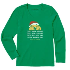 Women's I'll Be Watching You Santa Dog Long Sleeve Crusher Vee