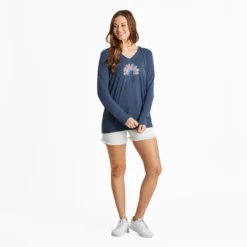 Women's USA Watercolor Daisy Long Sleeve Crusher-LITE Hooded Tee -One Family Clothing Womens USA Watercolor Daisy Long Sleeve CrusherLITE Hooded Tee 101519 5 lg